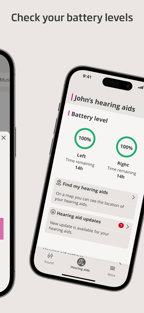 Oticon Companion - Monitor essential device metrics with clear battery percentage indicators for each hearing aid and track the estimated time remaining before recharge.