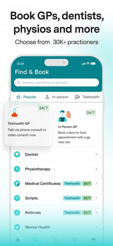 Healthengine - Questo strumento permette di cercare tra una vasta gamma di specialità come 'Dentist' e 'Physiotherapy'; l'utente può filtrare per 'In-person' o 'Telehealth' per trovare il servizio desiderato.