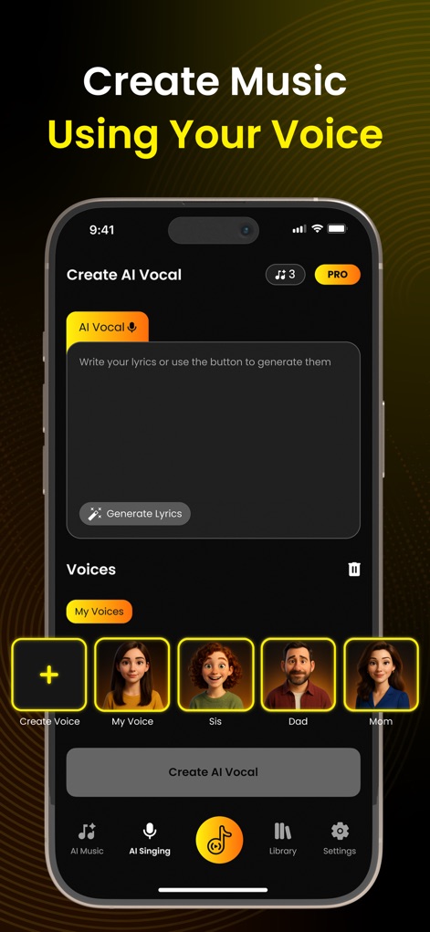 AI Song Generator - Jukebox - La interfaz de "Crear Voz IA" permite a los usuarios escribir o generar letras y seleccionar entre avatares de voz predefinidos o personalizados, como "My Voice" y "Dad", para adaptar sus composiciones.