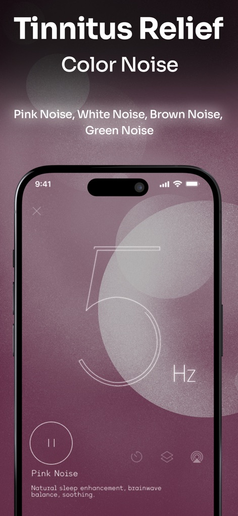 Anima: Binaural Beats - Discover the app's specialized 'Tinnitus Relief' feature, which offers various 'Color Noise' options like Pink Noise and Brown Noise, visually demonstrating a frequency output of '5 Hz'.