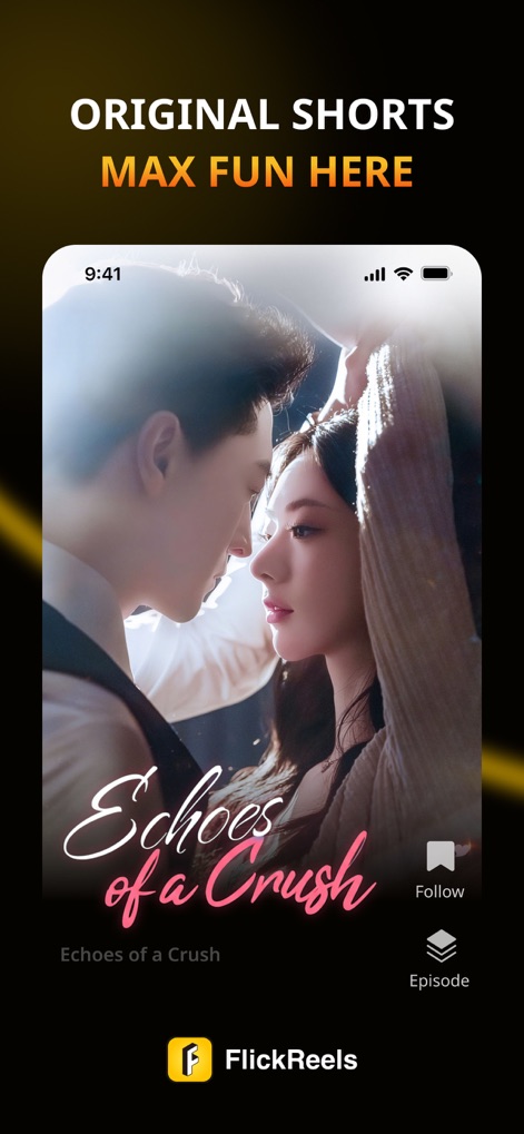 FlickReels: Short Drama Series - Descubre historias originales como 'Echoes of a Crush', donde el botón 'Episode' facilita la navegación entre los capítulos de la serie.