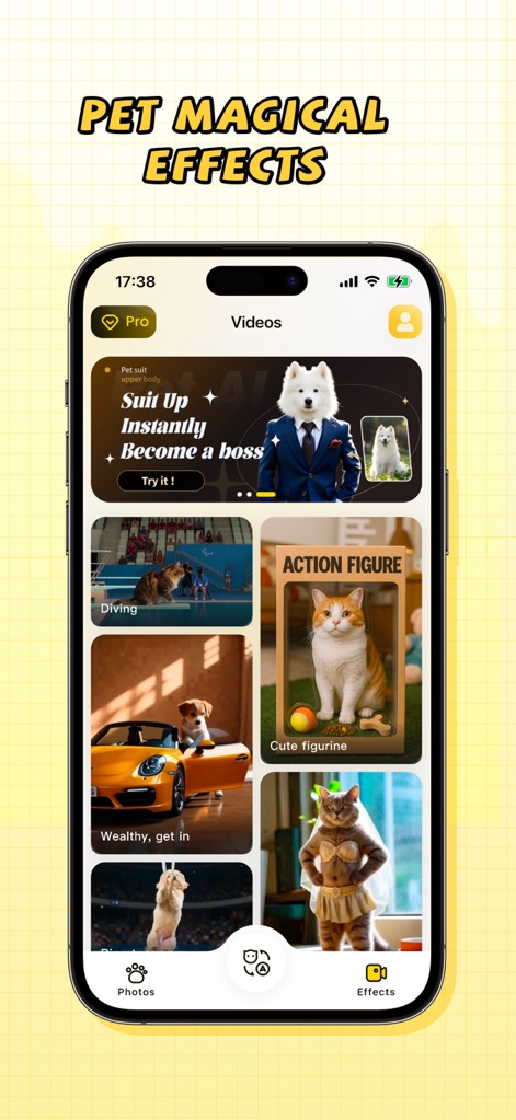PetFun-Pet Talk & Camera - Los usuarios pueden explorar una gama de transformaciones lúdicas, desde opciones de estilo como "Suit Up" que visten a las mascotas, hasta la creación de adorables "Action figurines" en 3D.