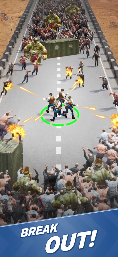 Zombie Waves-shooting game - Observe the player character leading a squad of companions, strategically engaging waves of diverse zombies and larger mutants across the combat arena.