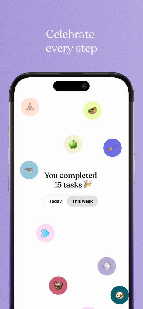 Tiimo: To-Do List & AI Planner - The app encourages users by celebrating task achievements with a clear count of completed tasks and a visually engaging display of various activity icons.