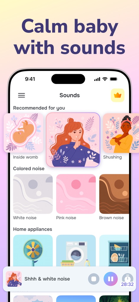 Cry Analyzer · Baby Translator - L'app presenta una vasta libreria di "Sounds" con categorie come "Inside womb" e "White noise", pensata per calmare il bambino e favorire il sonno.