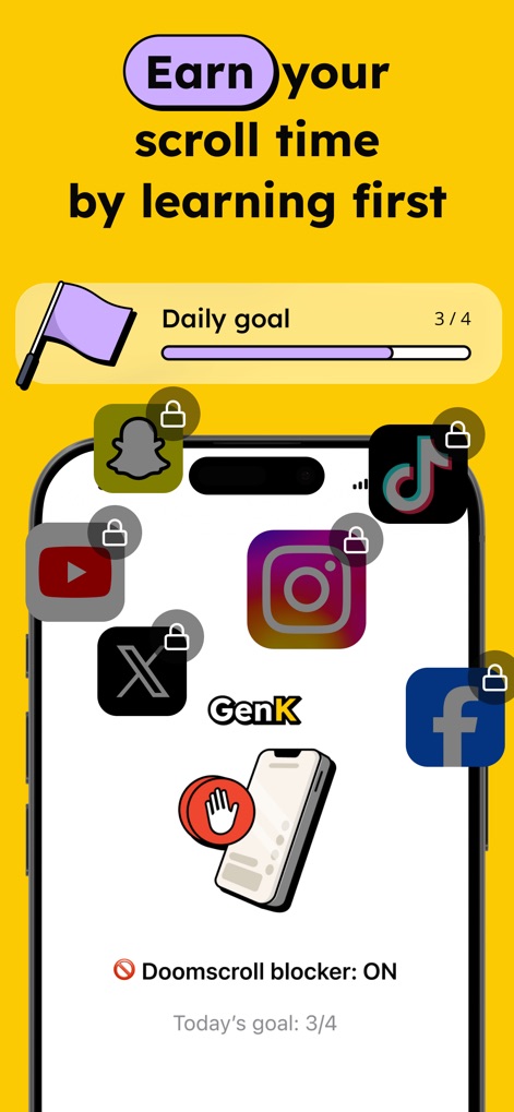 GenK: World General Knowledge - This tool empowers users to "Earn your scroll time" by utilizing the "Doomscroll blocker," which locks social media apps until a "Daily goal" is achieved.