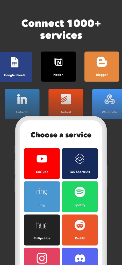 IFTTT - Automate work and home - Esta pantalla ilustra la vasta compatibilidad de la aplicación con más de 1000 servicios, exhibiendo opciones populares como "Google Sheets" para negocios y "Spotify" para entretenimiento, permitiendo a los usuarios integraciones sin precedentes.