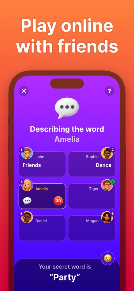 Imposter - Who is the Spy? - This visual demonstrates active gameplay, showcasing multiple player profiles and the reveal of the secret word, "Party."