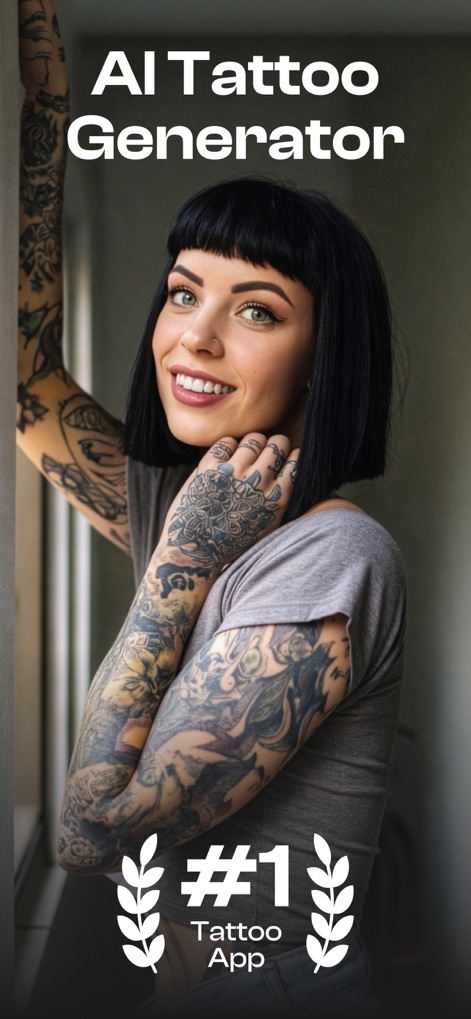 Tattooist: AI Tattoo Generator - Die App stellt sich als führender KI-Tattoo-Generator vor, präsentiert durch eine visuell beeindruckende Frau mit vielfältigen Tattoos und einer Auszeichnung als Nummer-1-Tattoo-App.