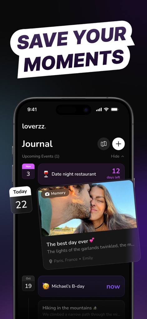 Loverzz: Couples App & Widgets - The app helps users document their relationship journey through a "shared journal" feature, allowing them to record "upcoming events" and significant memories.