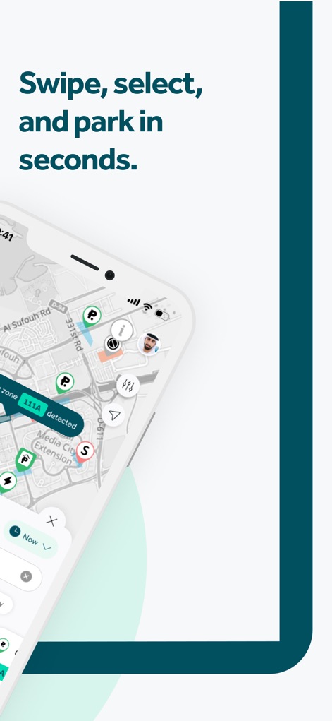 Parkin - La aplicación detecta zonas de estacionamiento como la "111A zone detected", permitiendo a los usuarios identificar rápidamente su ubicación. También se observa un icono de perfil y opciones de filtrado para personalizar la búsqueda.