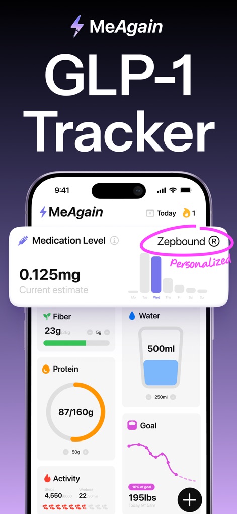 MeAgain: GLP-1 all-in-one app - See how the app provides a clear Medication Level estimate for Zepbound and tracks daily Fiber and Protein intake goals.