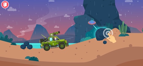 Dinosaur Games for kids 2-6 - Uncover enigmatic encounters under a star-dusted, rainy sky, as a green vehicle investigates strange objects like a mysterious UFO in the desert.