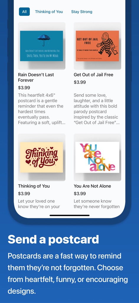 Inmate Photos, send to prison - This section displays a diverse collection of postcard designs, allowing users to select from heartfelt or encouraging options for quick communication.
