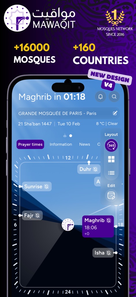 MAWAQIT - Prayer times, mosque - Esta captura muestra la interfaz interactiva de tiempos de oración con un diseño inspirado en un reloj y la indicación de +16000 mezquitas y +160 países soportados.