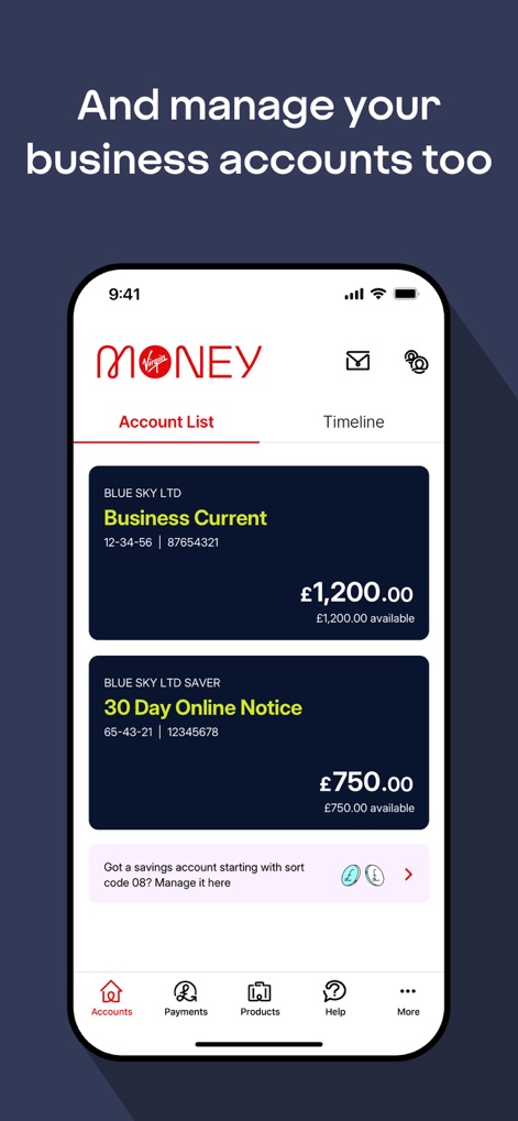 Virgin Money Mobile Banking - The app seamlessly integrates business current and saver accounts, allowing users to efficiently manage their company finances directly from the intuitive Account List navigation.