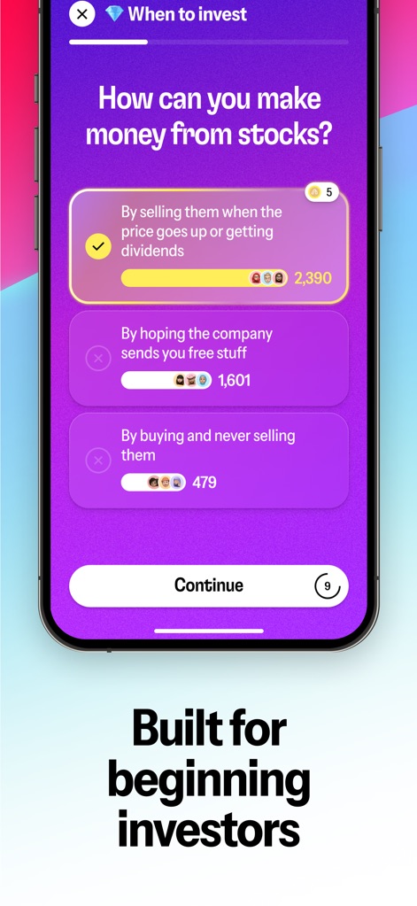 Alinea: Personalized Investing - このアプリは、株式からの収益方法に関するインタラクティブなクイズ形式の質問と、正しい回答オプションを表示し、金融知識を深めます。