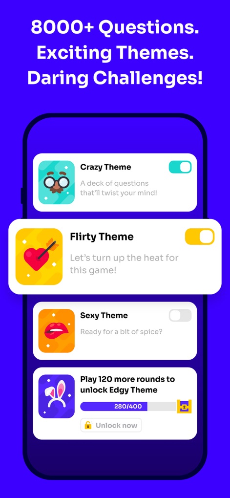 Boomit - Most Likely To - Die App demonstriert hier ihre umfangreiche Auswahl an "Exciting Themes" wie "Flirty Theme" und präsentiert den Fortschritt beim "Unlock Edgy Theme" durch einen visuellen Balken.