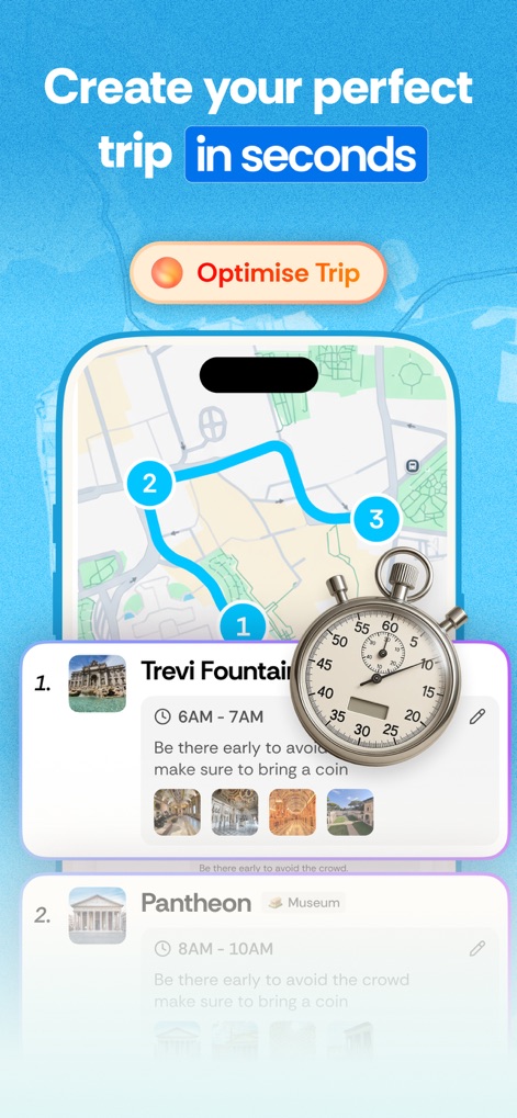Roamy: Save Spot & Plan Trips - The app intelligently generates and optimizes daily itineraries, presenting a numbered route on a map for efficient navigation and detailed time slots for each attraction like the Trevi Fountain, ensuring a smooth travel experience.