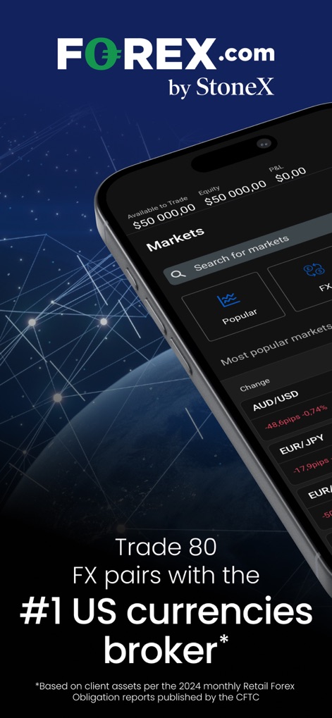 FOREX.com Forex Trading Broker - The app presents a clear "Markets" section displaying various currency pairs and their real-time changes, alongside an overview of "Available to Trade" funds.