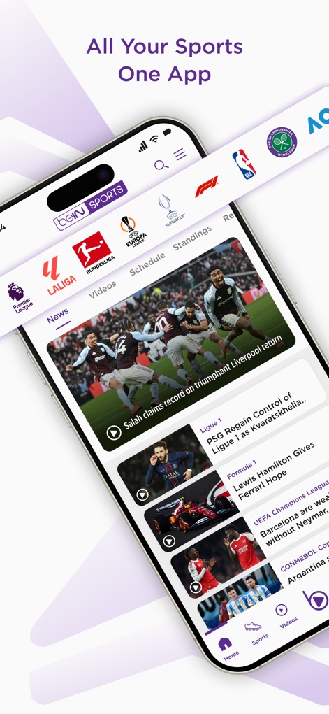 beIN SPORTS - Découvrez l'interface d'accueil personnalisée de l'application, présentant les dernières actualités sportives et les logos des ligues majeures pour une couverture complète.