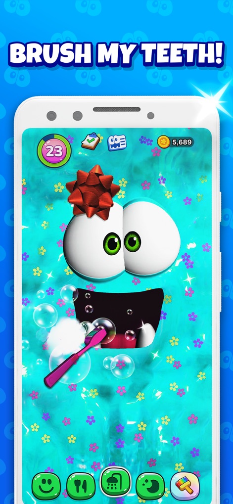 Bruno - My Talking Slime Pet - このアプリでは、ユーザーはペットの歯を磨いて清潔に保つことができます。画面には歯ブラシで歯を磨く様子と、清潔感を出す泡が鮮やかに描かれています。
