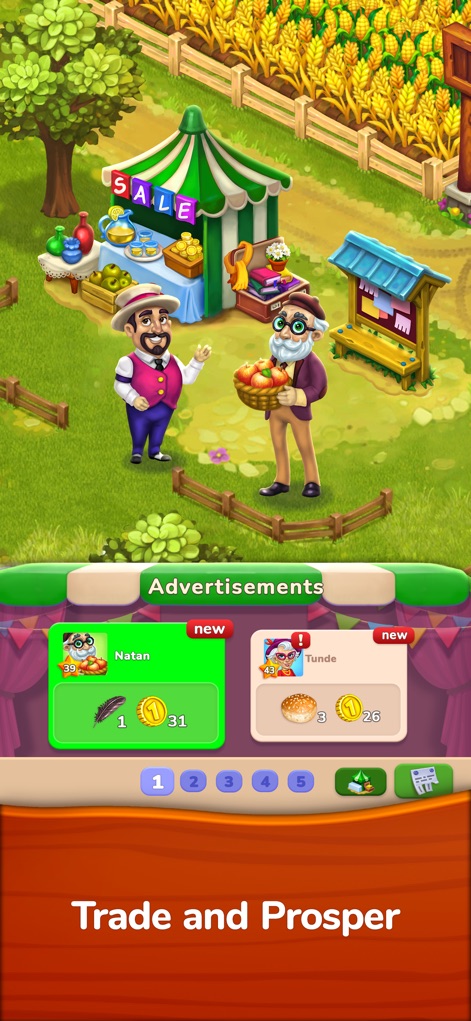 Farmington – Farm game - Discover how users engage in vibrant commerce at the market stall, facilitating trades with neighbors and managing diverse advertising offers for in-game resources.