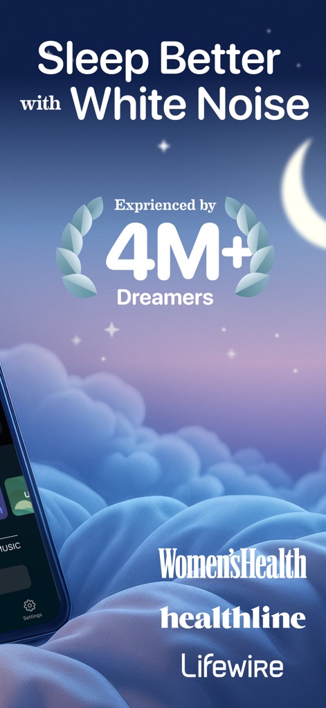 Bedtime Fan: White Noise Baby - Esta imagen resalta la credibilidad de la aplicación, mostrando que ha sido experimentada por más de 4 millones de usuarios y reconocida por publicaciones como Women's Health y Healthline, confirmando su eficacia.