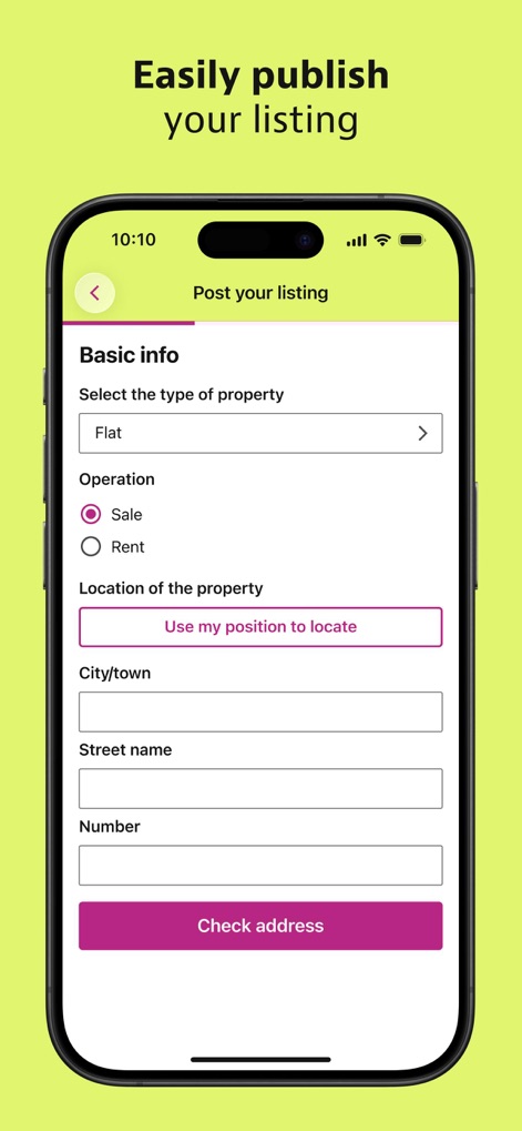 idealista - Property owners can quickly publish their listings using intuitive forms, specifying the 'Type of property' and choosing the 'Operation' as either sale or rent.