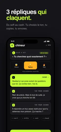 Capture d'écran de Chineur : Réponses Drague IA sur iPhone 3