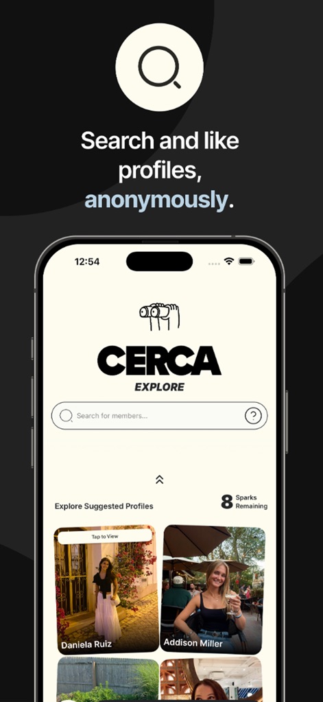 Cerca: Meet Your Mutuals - The 'Explore' screen empowers users with a 'Search for members' bar and a 'Sparks Remaining' counter, encouraging anonymous discovery of potential connections without immediate pressure.