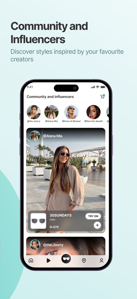 eyewa - Eyewear Shopping App - The app showcases style inspirations from influencers like "@Alana Mia" and offers a direct "TRY ON" button for featured eyewear.