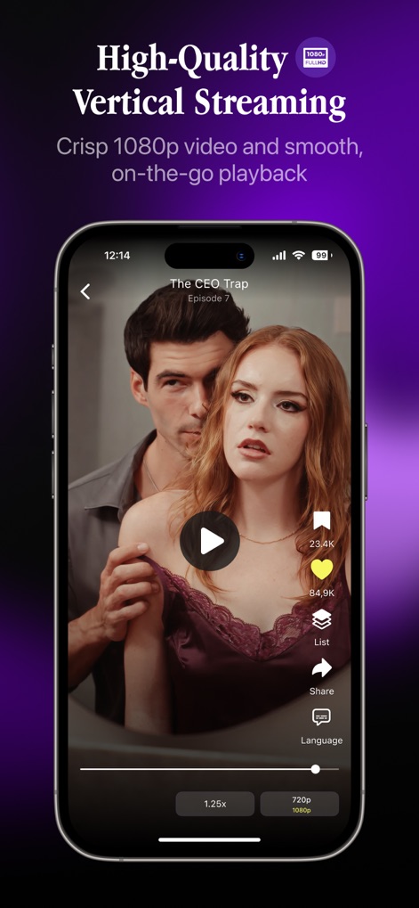 DramaShorts: Watch TV & Shows - Experience seamless viewing with "High-Quality Vertical Streaming" and manage your playback effortlessly using the on-screen video controls and episode progression bar.