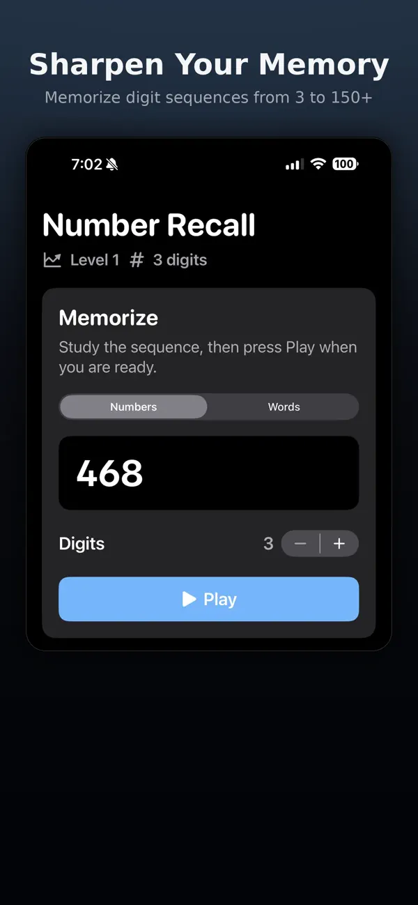 Screenshot #1 pour Number and word memory trainer