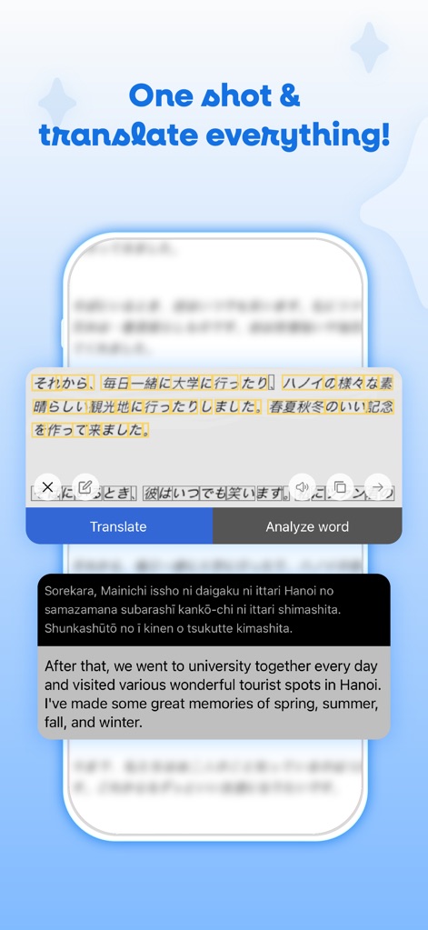 Mazii: Dict. to learn Japanese - This tool allows users to effortlessly translate text from images, displaying both the highlighted Japanese input and its English translation.