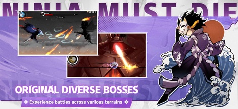 Ninja Must Die - Witness dynamic combat against "Original Diverse Bosses" across challenging "whimsical stages," highlighting the app's action-packed gameplay.