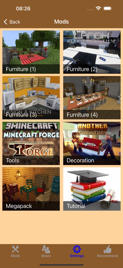 MC - Latest Furniture DLC Mods - A interface apresenta uma visão geral das categorias de mods disponíveis, com miniaturas visuais que facilitam a exploração de tipos como "Furniture (1)" e "Tools".