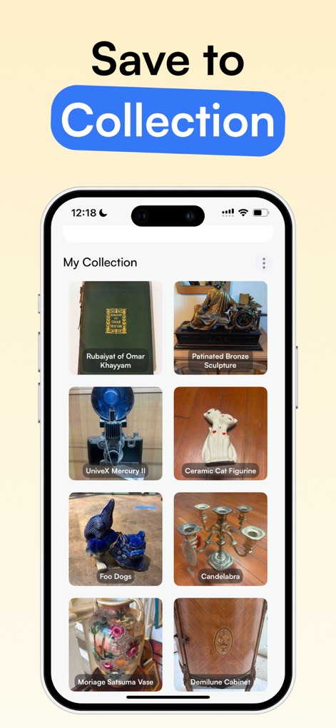 Curio - Antique Identifier - L'application permet de sauvegarder et d'organiser les découvertes, présentant une "vue d'ensemble de la collection" et des "vignettes d'objets" claires pour chaque pièce identifiée.