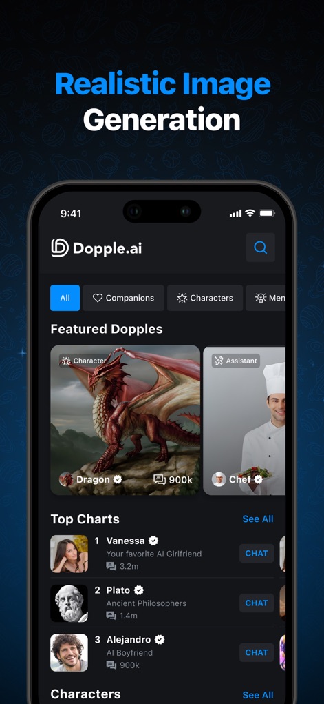 Dopple.AI - This tool provides an intuitive discovery interface, featuring 'Featured Dopples' such as a Dragon and a Chef, alongside 'Top Charts' to easily explore popular AI companions.