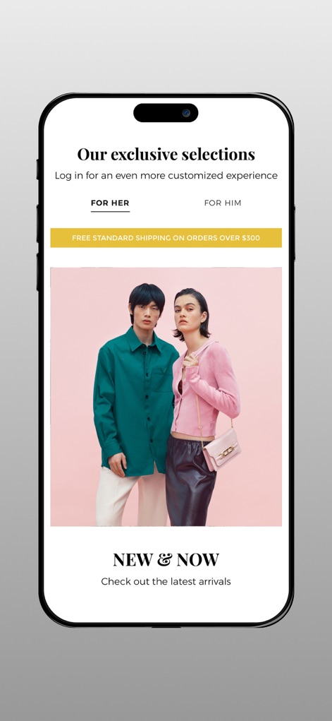 YOOX - ユーザーは「FOR HER」と「FOR HIM」のカテゴリから商品を閲覧でき、さらに一定額以上の購入で「FREE STANDARD SHIPPING」が適用される特典が表示されています。
