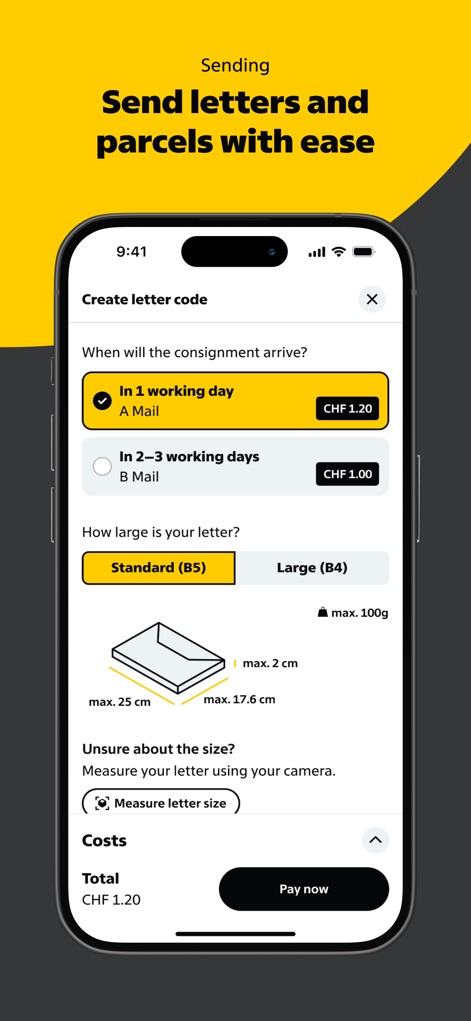 Swiss Post - L'outil simplifie l'affranchissement, proposant un choix intuitif entre les types de courrier (A Mail ou B Mail) et une sélection facile des tailles de lettres (Standard ou Large).