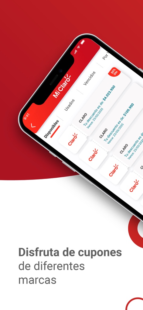 Mi Claro Colombia - The app provides a dedicated area for discounts, showcasing various brand coupons with their respective expiration dates.