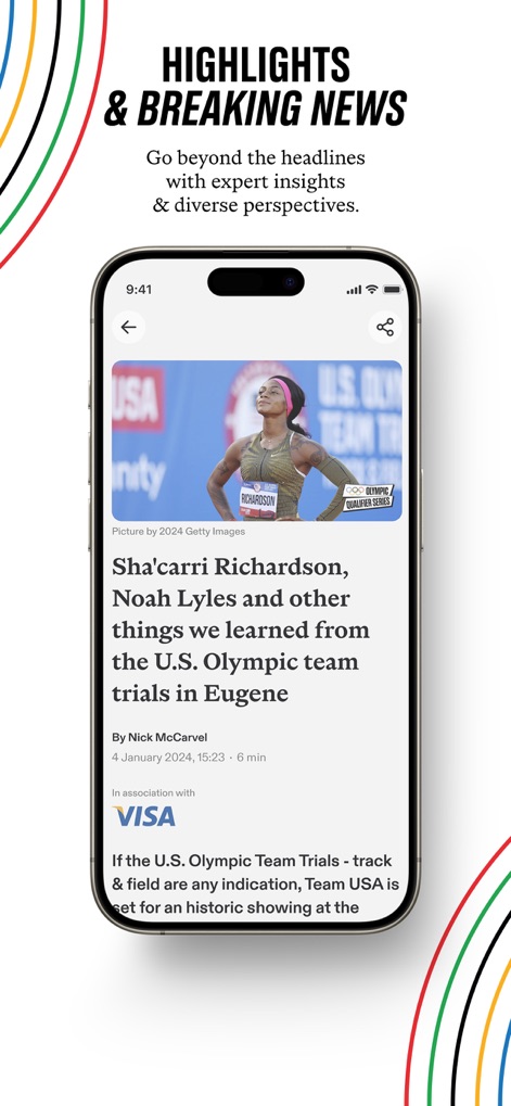 Olympics: Live Sports & News - Die App liefert aktuelle Nachrichten und Analysen, wie einen Artikel über Athleten wie Sha'carri Richardson, ergänzt durch ein passendes visuelles Element der Sportlerin.