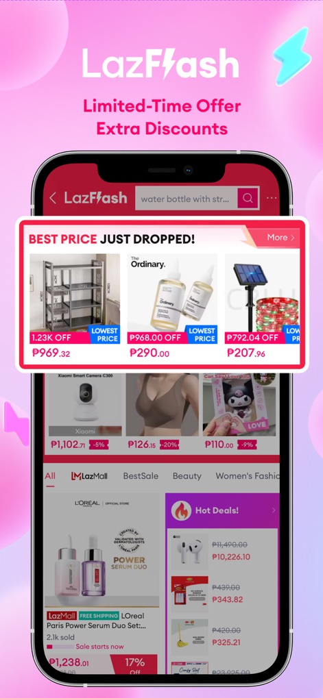 Lazada 4.4 Sale - 期間限定のLazFlashセールを表示しており、大幅に割引された商品価格と「BEST PRICE JUST DROPPED!」という目立つバナーが確認できます。