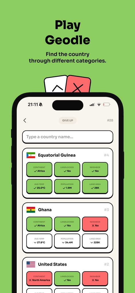 Geotrivia: Geography Games - Das Bild demonstriert das Geodle-Spielprinzip, das das Erraten eines Landes durch ein Eingabefeld ermöglicht und spezifische Hinweise zu Ländern wie Äquatorialguinea mit Informationen zu Kontinent und Landlocked-Status anzeigt.