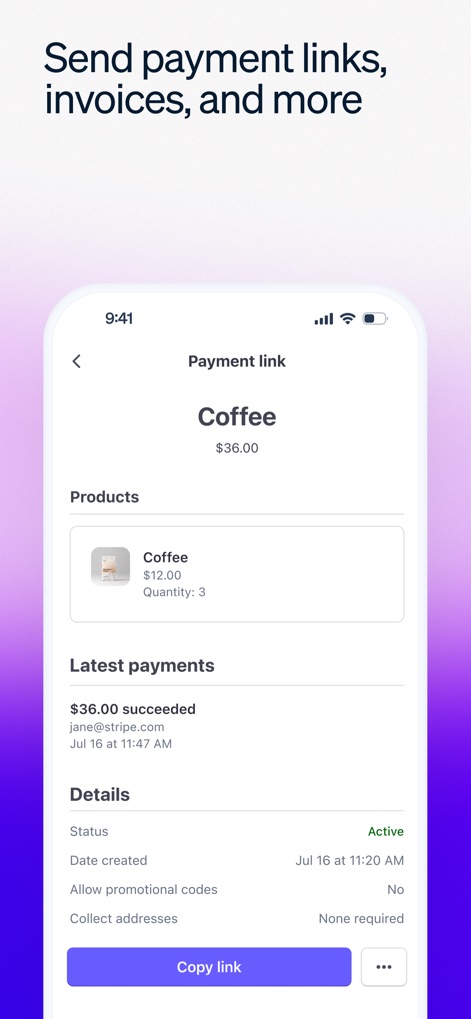 Stripe Dashboard - Esta herramienta facilita la creación y gestión de enlaces de pago, permitiendo a los usuarios configurar detalles del producto como el 'Café' y ver el estado de los 'Pagos más recientes'.