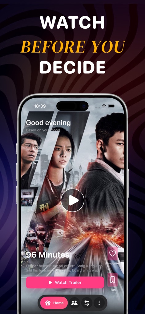 Streamex : Movies & TV Shows - Streamex allows users to preview trailers for titles like '96 Minutes' and offers a 'Watch Trailer' button for instant viewing.
