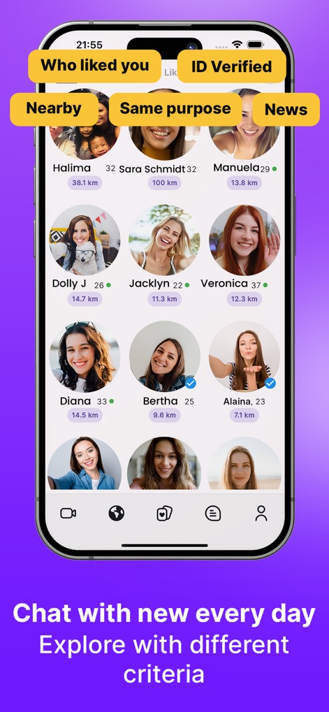 Ravi: Video Chat, Meet Singles - L'application permet d'affiner la recherche de profils grâce à des filtres avancés et de visualiser des utilisateurs connectés, affichant leur distance géographique.
