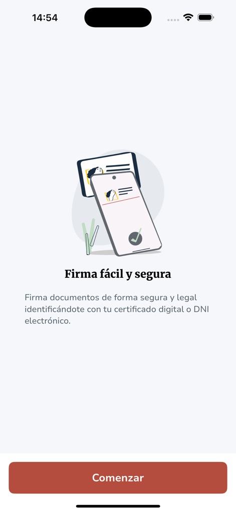 Autofirma App - See how the app presents a clear 'Firma fácil y segura' security message and a prominent 'Comenzar' button to initiate the signing process.