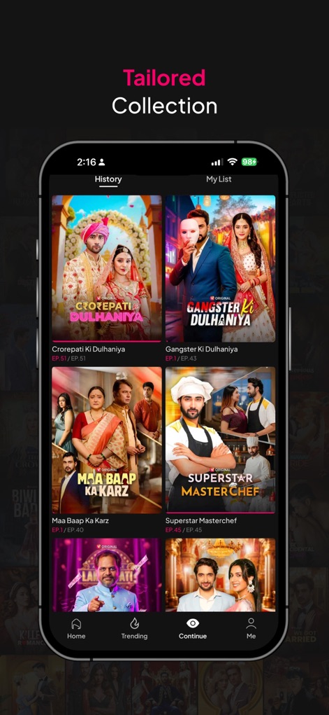 Viralo TV - Users can manage their viewing with personalized features like 'My List' to save favorite shows and a 'History' tab to revisit previously watched content.